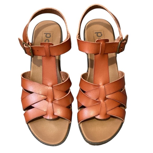 POP Comfort Fit Chunky Heel Strappy Leather Cognac Color Sandals,‎ Size 9 - Picture 2 of 13